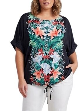 Liz Claiborne Woman Tropical Print Satin Dolman Sleeve Pullover Blouse 2X Navy